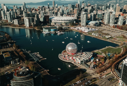 Arial image of Vancouver Harbor and Science World building